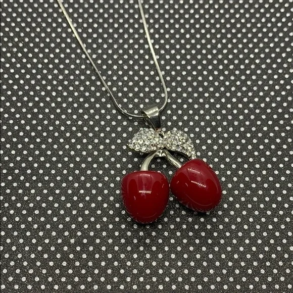 Cherry Pendant Necklace Red Austrian Crystal Rhinestone Silvertone 29” Coquette - Picture 7 of 8